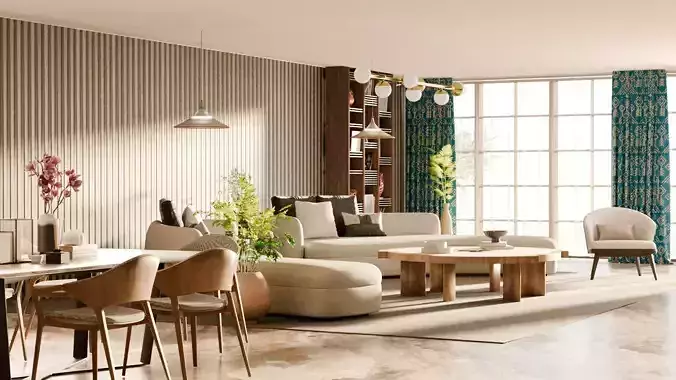 Interior Scene - Living Room and Kitchen Area