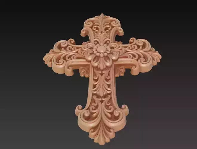 Ornamental Wooden Cross - Baroque Floral Relief 3D Sculpture 