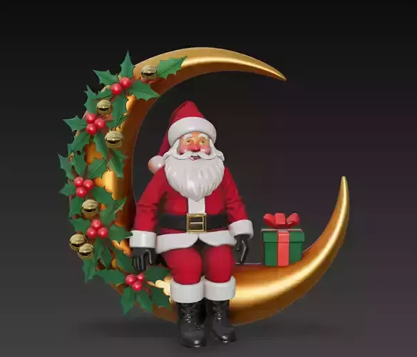 Santa on Crescent Moon - Elegant Christmas Sculpture 3D Model