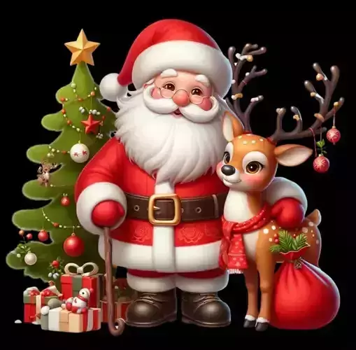 Santa and Reindeer by Christmas Tree - Holiday Sculpture Model