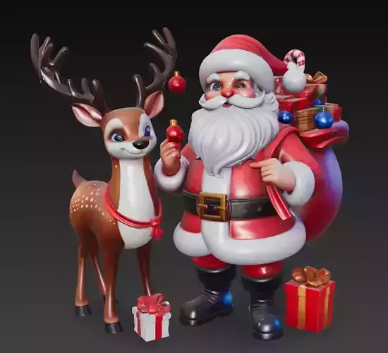 Santa Claus and Reindeer - Stylized Christmas Duo 3D Model