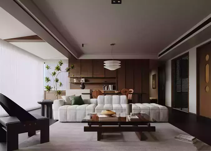 Living Room and Kitchen with Dinning Set Low-poly