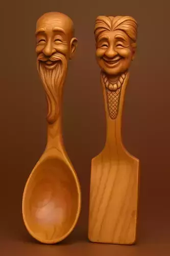 Carved Wooden Elderly Couple Spoon 3d Model