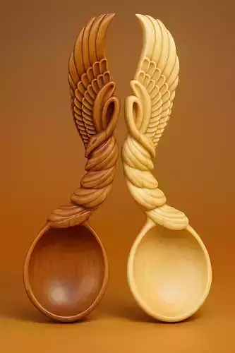 Carved Wooden Wings Spoon 3d Model