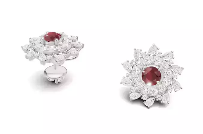 Marquise Diamond Flower Stud Earrings Wth Color Stone