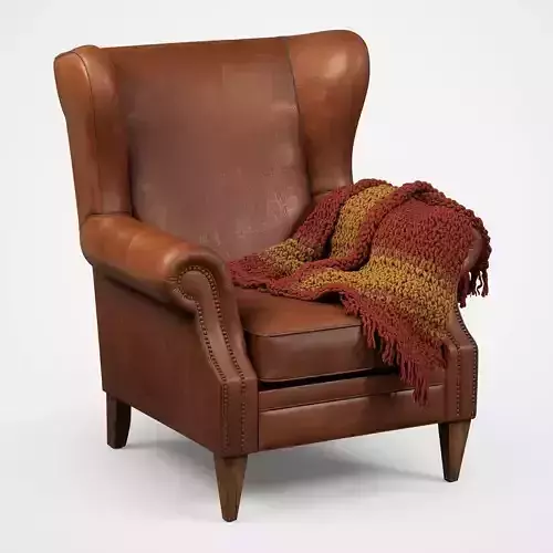 Weathered Leather Wingback Chair 3D Model - Rustic Armchair