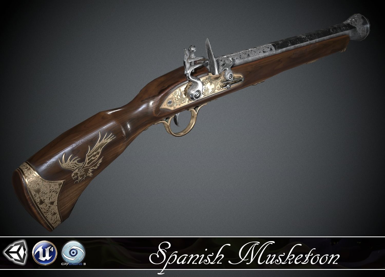 Spanish Flintlock Musketoon - model and textures Low-poly 3D model_0