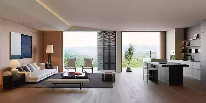 Living Room and Kitchen with Dinning Set Low-poly