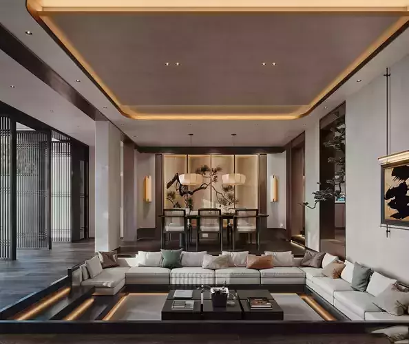 Living Room and Kitchen with Dinning Set Low-poly