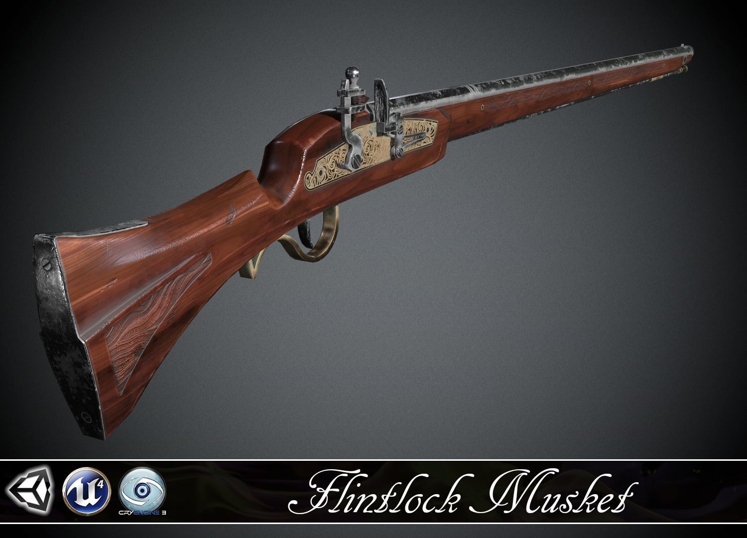 Long Flintlock Musket - model and textures Low-poly 3D model_0