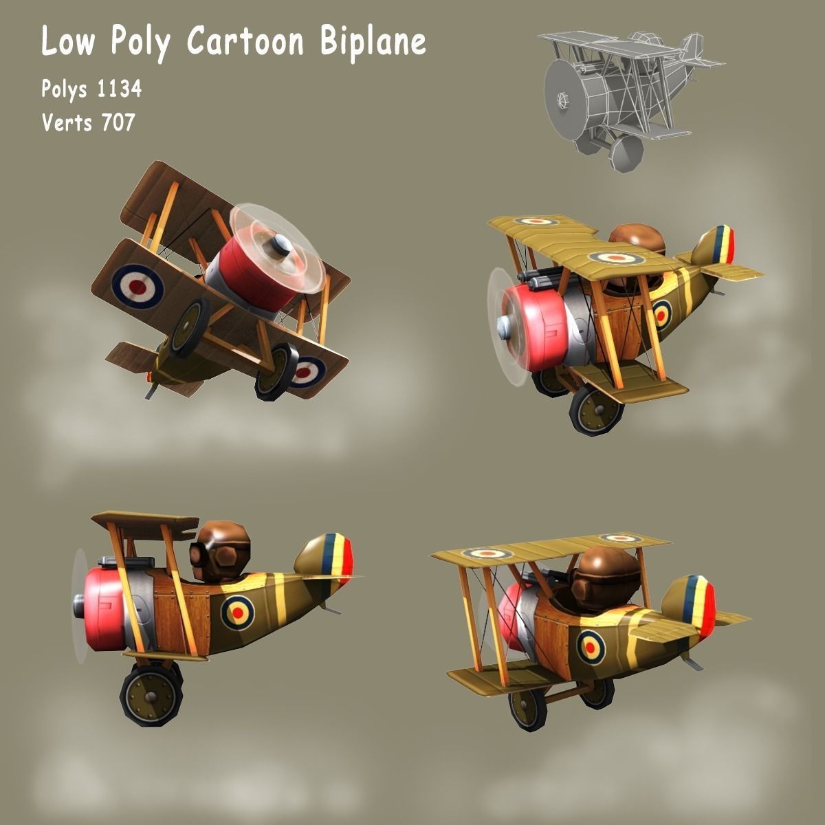 Low poly cartoon WW1 biplane Low-poly 3D model_0