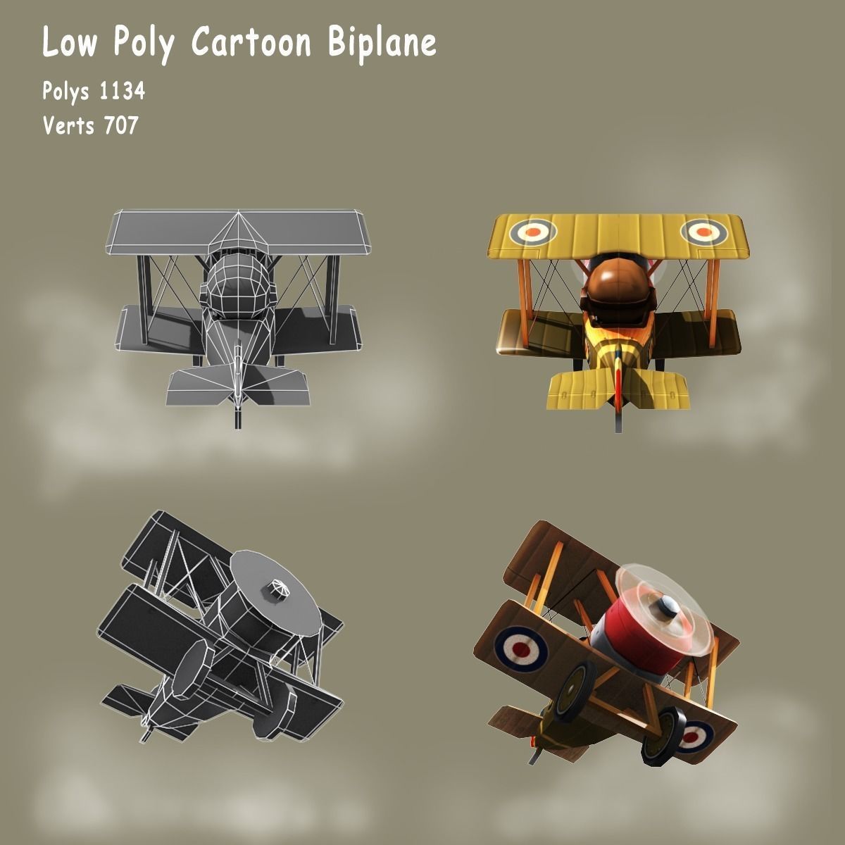Low poly cartoon WW1 biplane Low-poly 3D model_4
