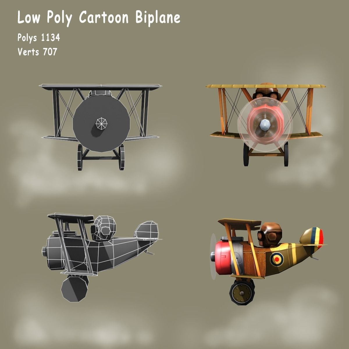 Low poly cartoon WW1 biplane Low-poly 3D model_3