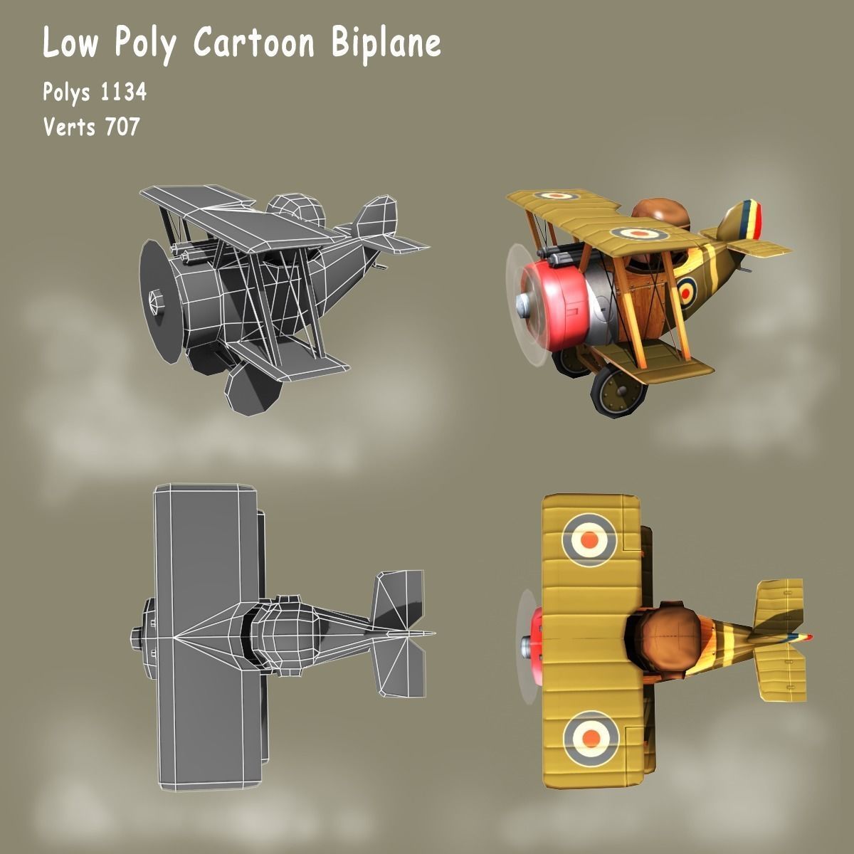 Low poly cartoon WW1 biplane Low-poly 3D model_2