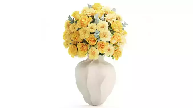 Realistic bouquet yellow flowers carnations roses vase decor new