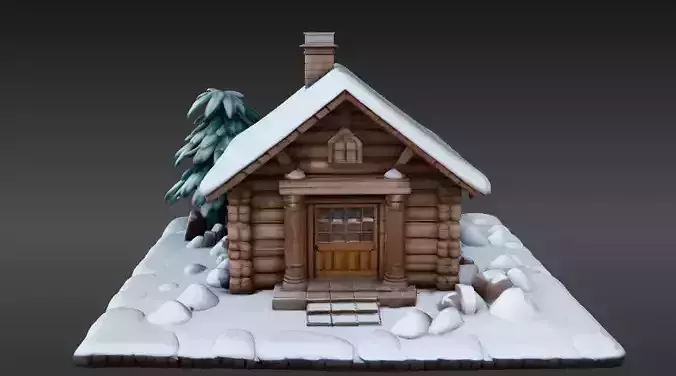 Stylized Winter Cabin Background Scene 3D Model for Animation