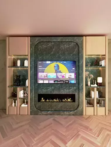 Luxury TV Wall - Green Marble and Curved Wood Media Console