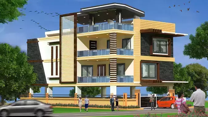 Residencial apartment building with car on street