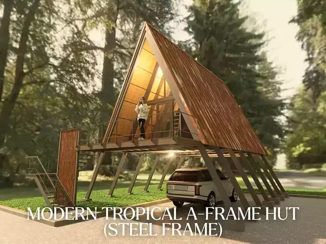 Modern Tropical A-Frame Hut l Rust Metal Sheet Cabin