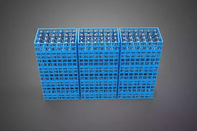 PACKED BLUE PLASTIC BOTTLE CRATES STACKED VERTICAL RACK TRAY BOX