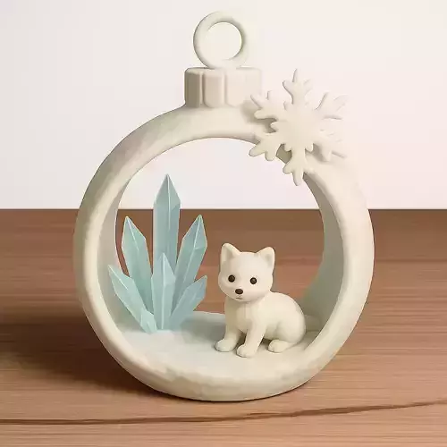 Arctic Crystal Fox Hanging Ornament Winter Moon Snow Globe Decor