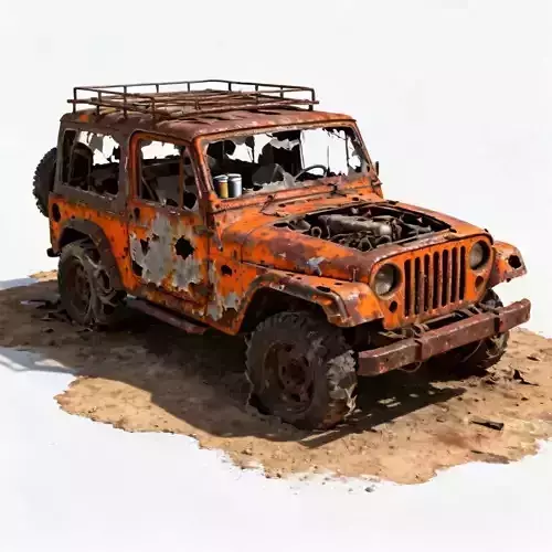 Rusted Scavenged Jeep Wreck 3D Model - Abandoned Vehicle
