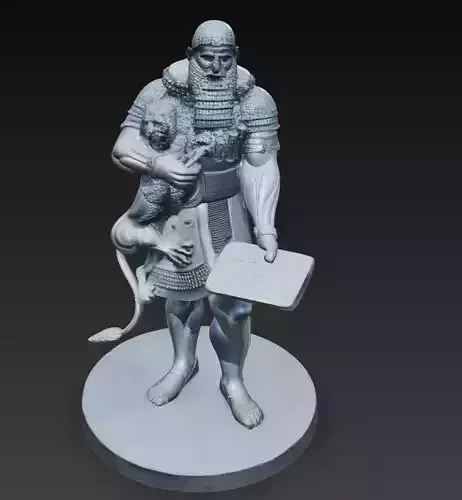 Mesopotamian Warrior with Lion - Ancient Assyrian 3D Sculpture