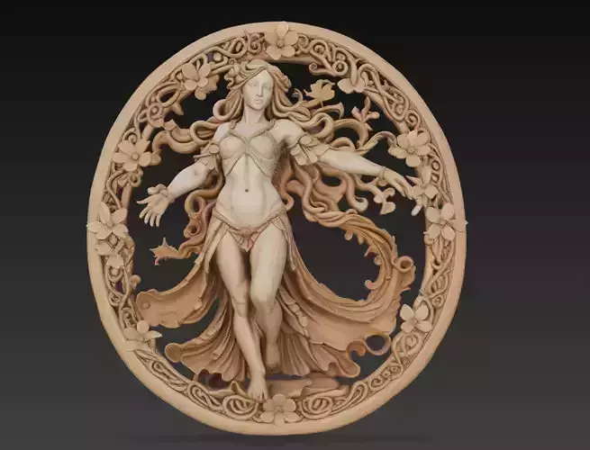 Floral Goddess - Art Nouveau Bas Relief 3D Sculpture