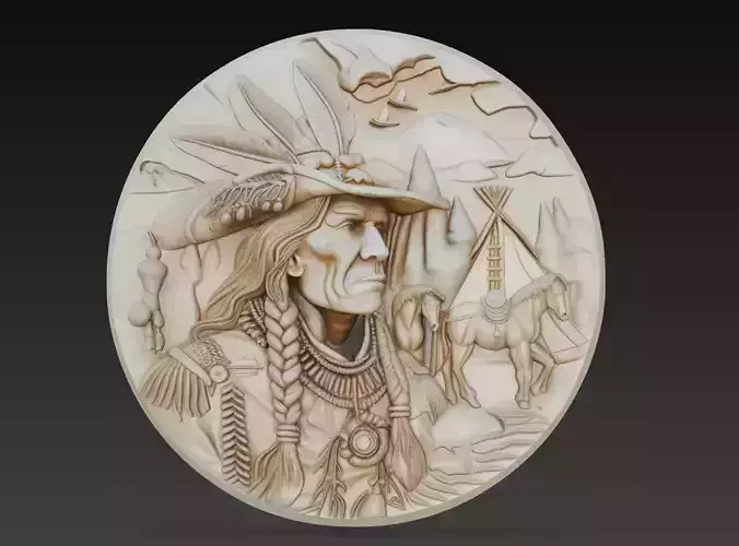 Native Plains Chief - Tribal Heritage Bas Relief 3D Wall Model