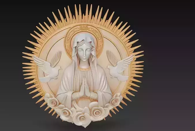 Virgin Mary with Doves - Radiant Holy Relief 3D Sculpture