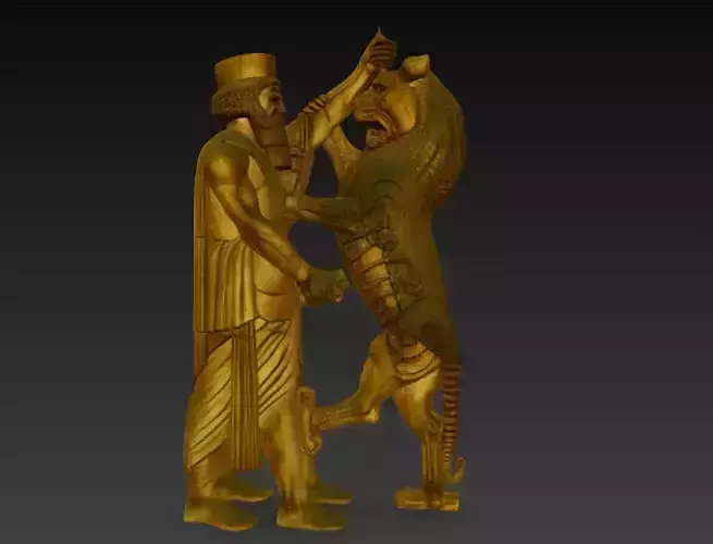 Ancient Persian Warrior and Lion - Mesopotamian Relief Sculpture