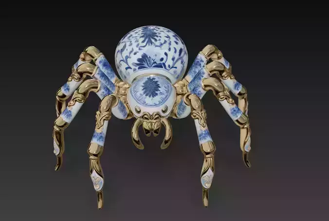 Royal Porcelain Spider - Blue Floral Gold Sculpture 3D Model