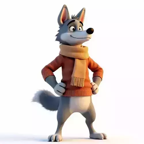 Cartoon Wolf Character 3D Model Cozy Winter Mascot