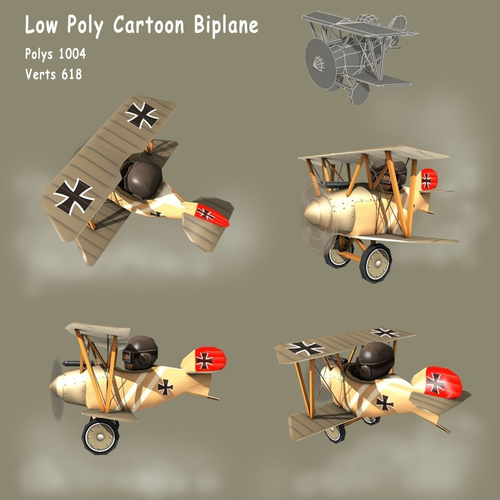 Low poly WW1 Cartoon Biplane Low-poly 3D model
