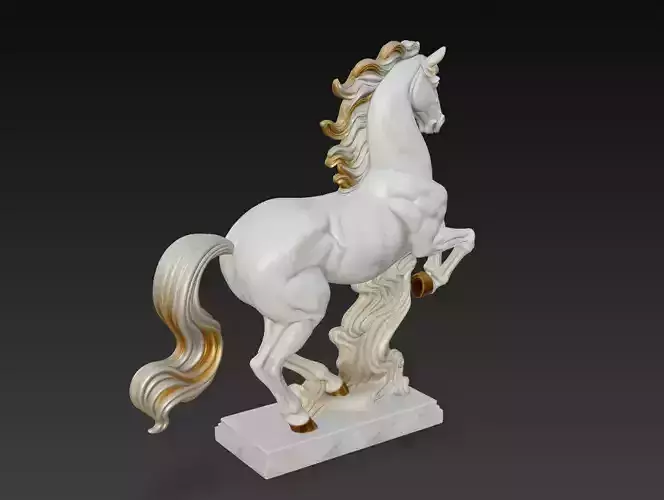 Regal Stallion - White Marble and Gold Sculpture 3D Model
