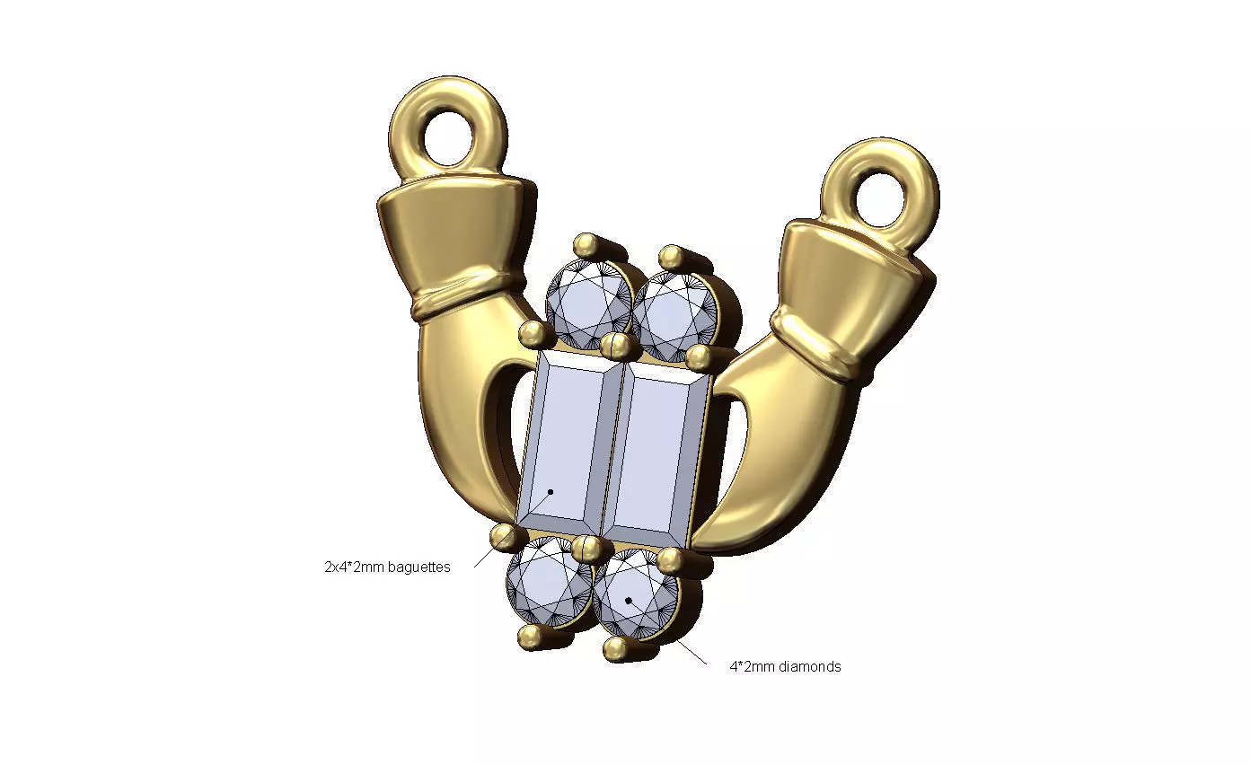 Vertical double diamond and baguette holding hands pendant 3D print model
