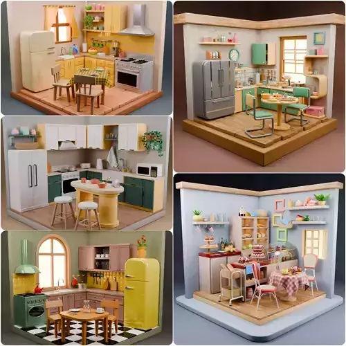 5 Stylized Isometric Kitchens  Modular Interior Pack