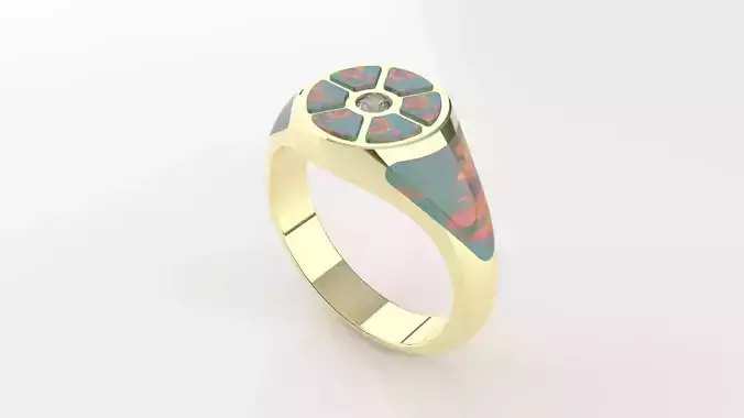 Opal Inlay Signet Ring with Diamond Center 3D Print Model