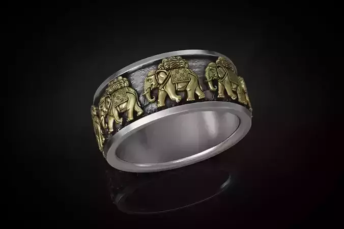 Elephant caravan wide band ring 