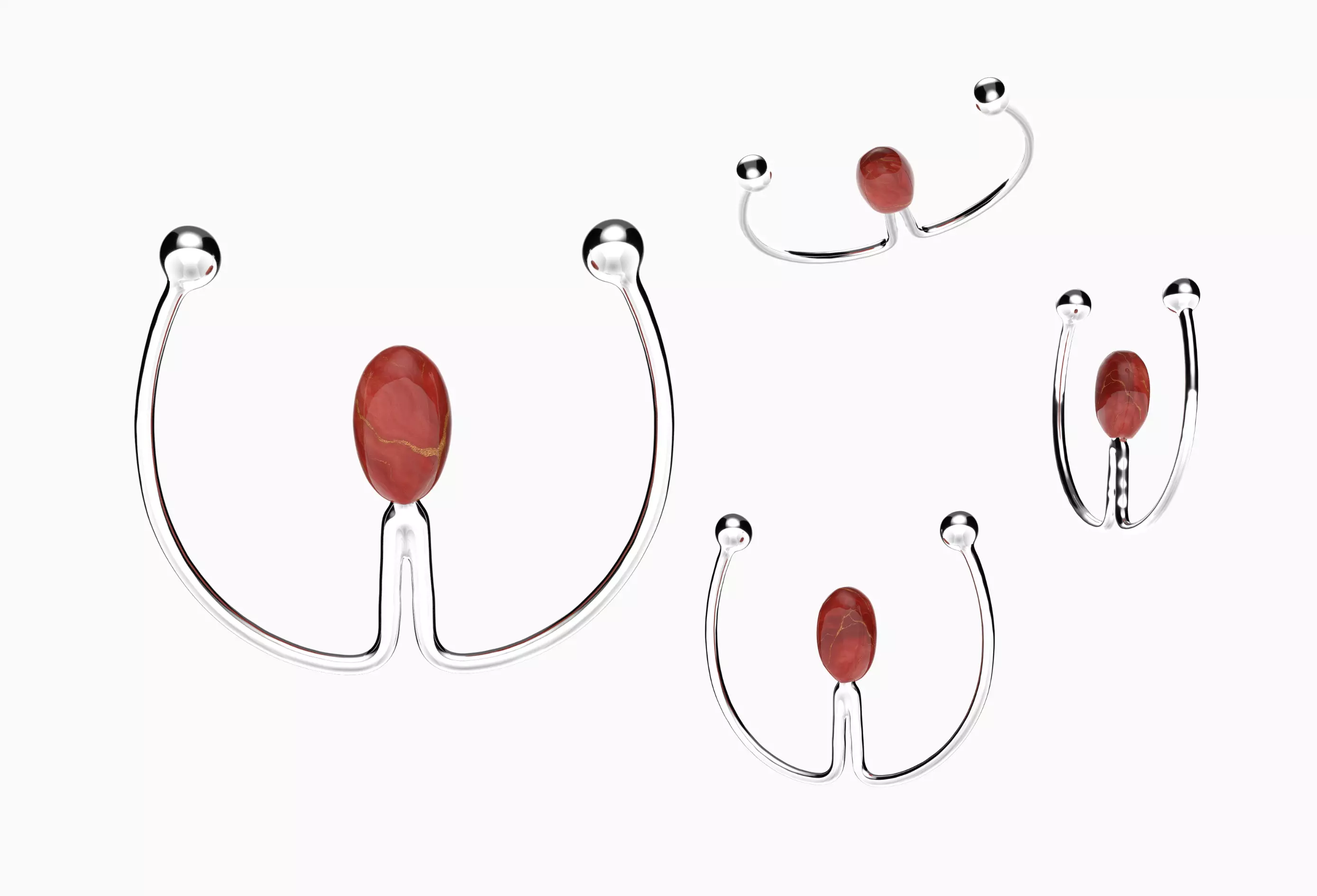 Silver U-Bar Red stone Accent dual ring obj-22 3D model