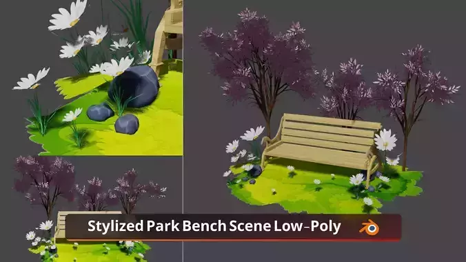 Stylized Park Bench Scene Garden Environment Low Poly