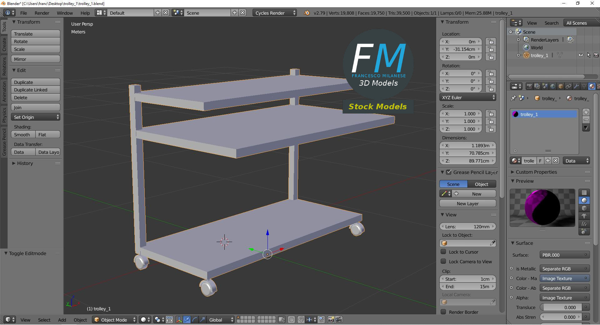 Trolley 1 desk with two shelves 3D model_9