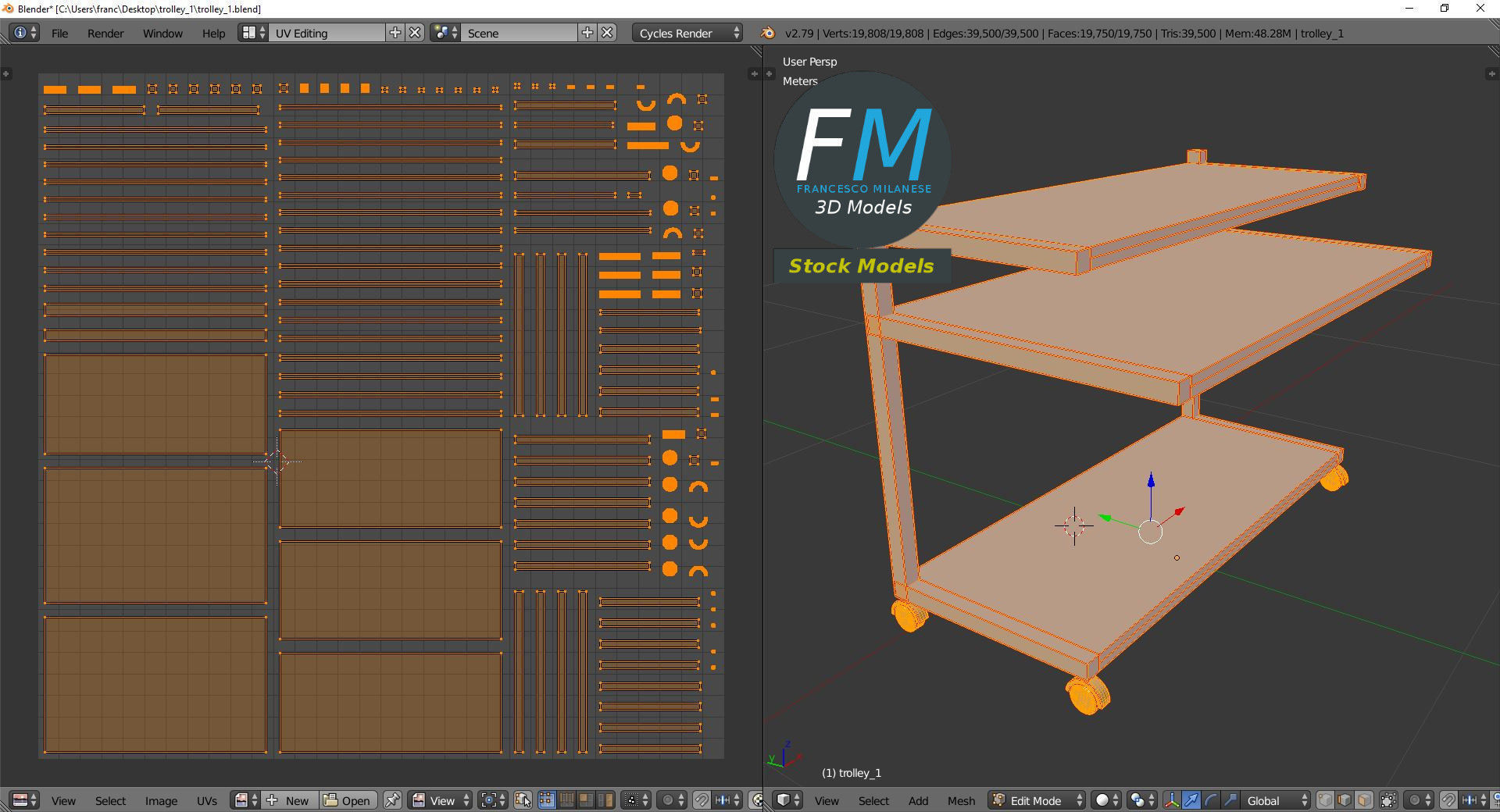 Trolley 1 desk with two shelves 3D model_10