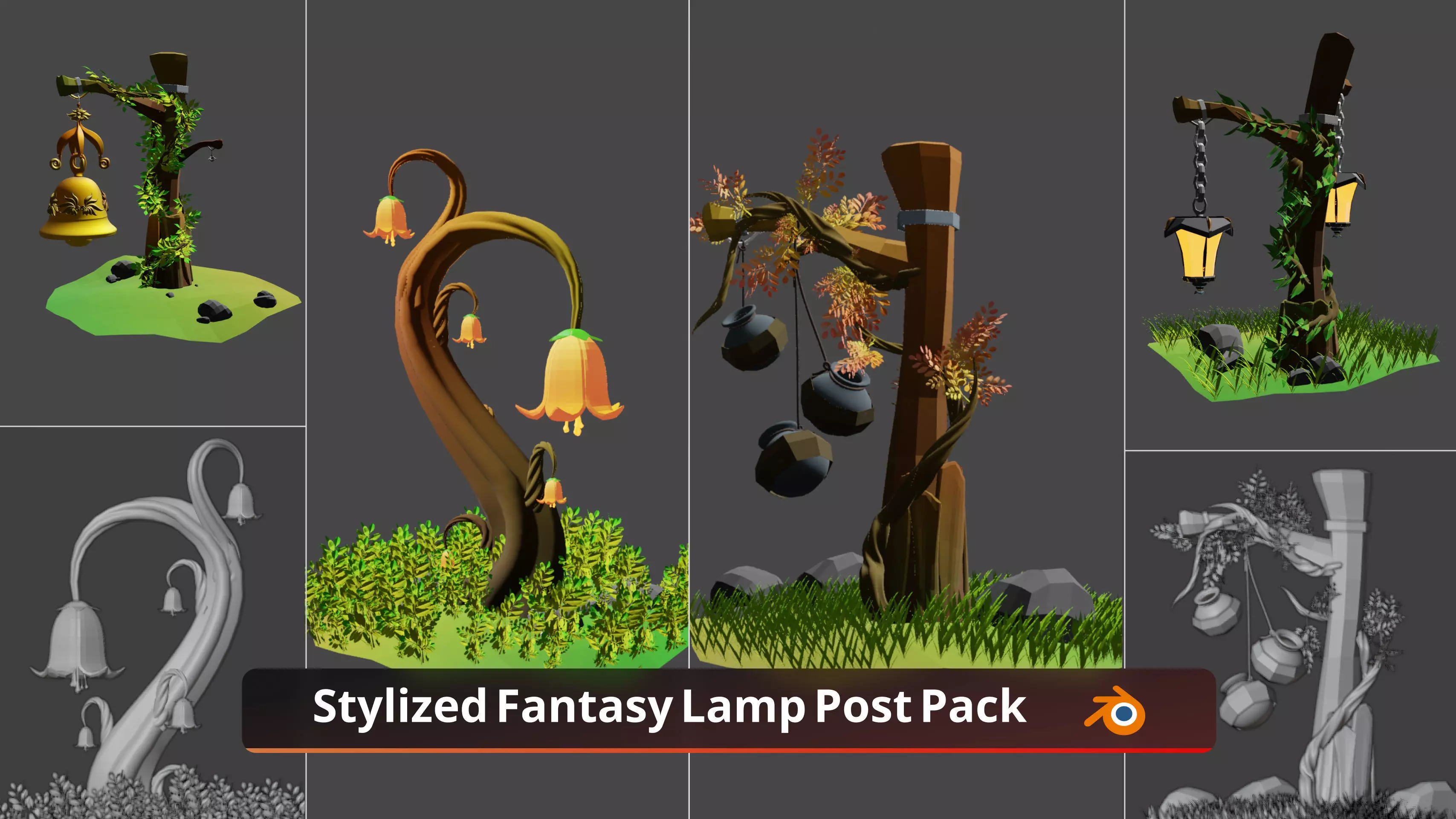 Stylized Fantasy Lamp Post Pack Low-poly 3D model