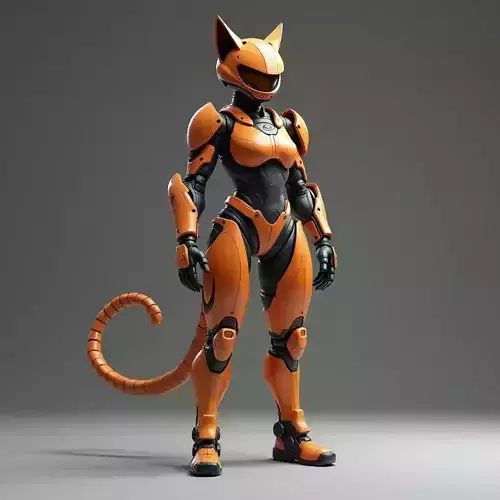 Feline Mecha Operative 3D Model High Vis Orange Suit