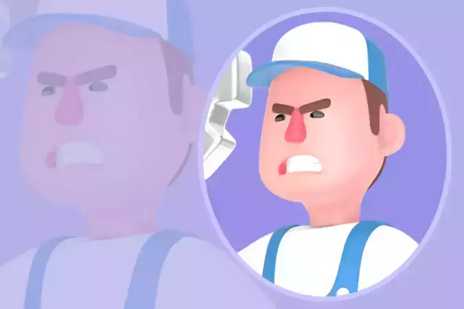 Stylized 3D Male Mechanic Character - Cartoon Angry Holding Gear