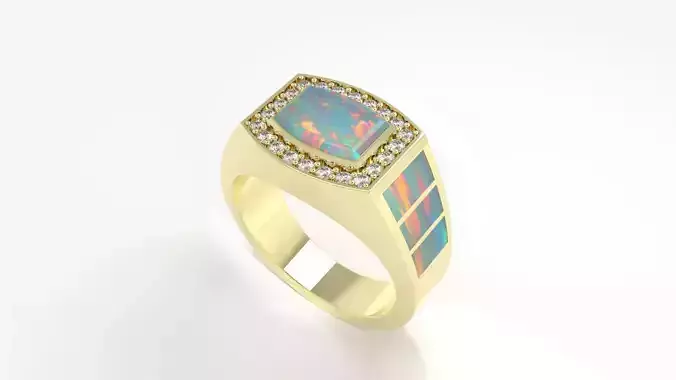 Men Opal Signet Ring 3D Model - Diamond Halo - Print Ready