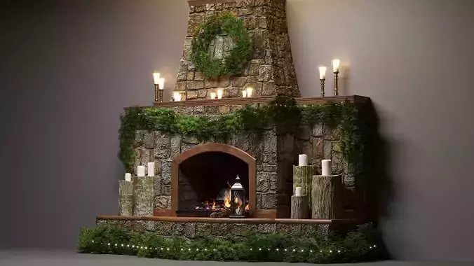 Stone Fireplace with Pine Decor