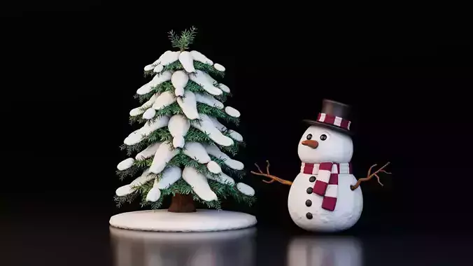 Snowman and Snow-Covered Christmas Tree