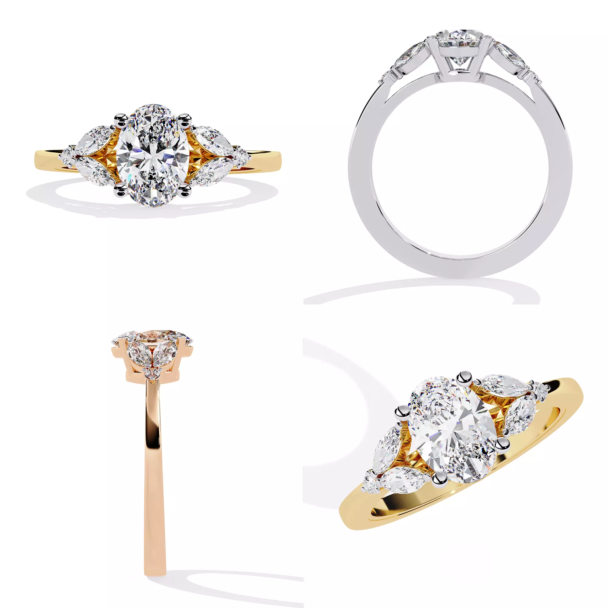 Elegant Oval Center Bridal Ring Casting Ready STL 3DM 3D print model